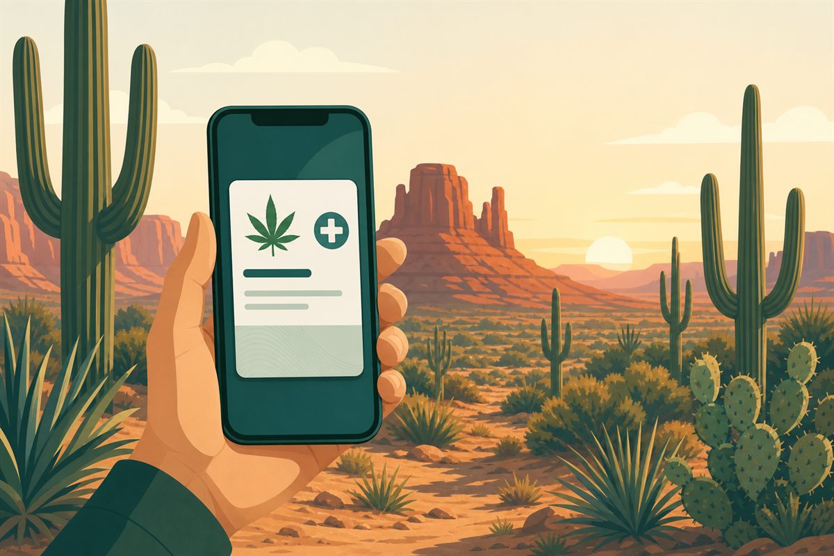 A hand holding a smartphone showing a digital Arizona medical marijuana card in front of a saguaro-cactus desert landscape at golden hour.