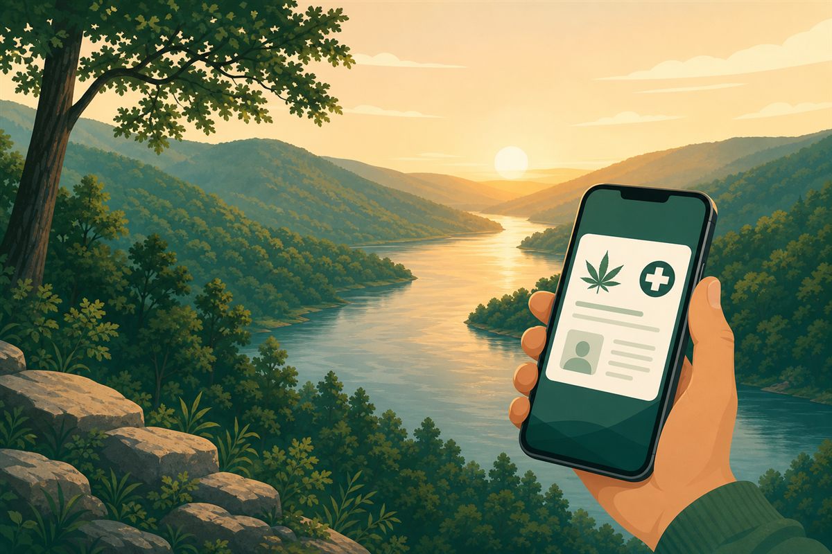 A hand holding a smartphone showing a digital Arkansas medical marijuana card in front of the forested Ozark mountains at golden hour.
