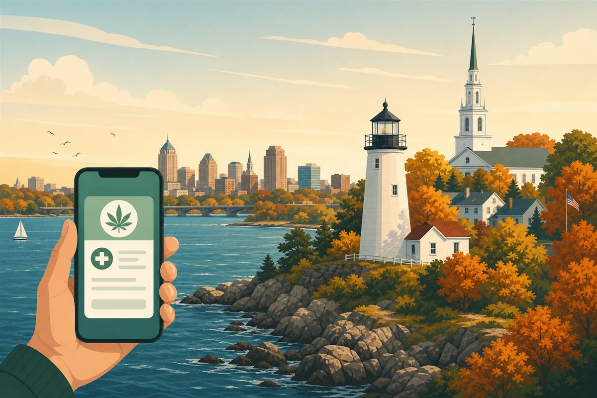 A hand holding a smartphone showing a digital Connecticut medical cannabis card in front of a New England coastline with a lighthouse, autumn foliage, a white church steeple, and the distant Hartford skyline at golden hour.
