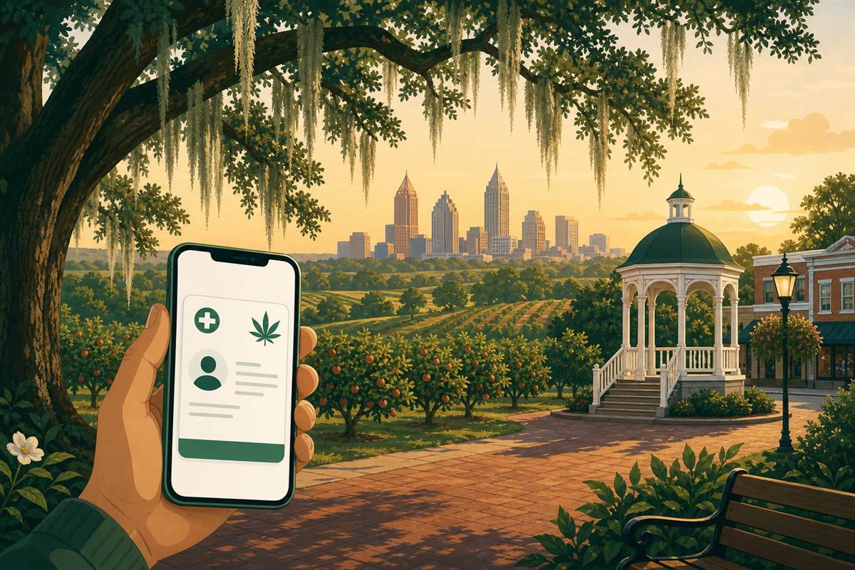 A hand holding a smartphone showing a digital Georgia medical cannabis card in front of Southern live oaks with Spanish moss, a town square gazebo, peach orchards, and the distant Atlanta skyline at golden hour.