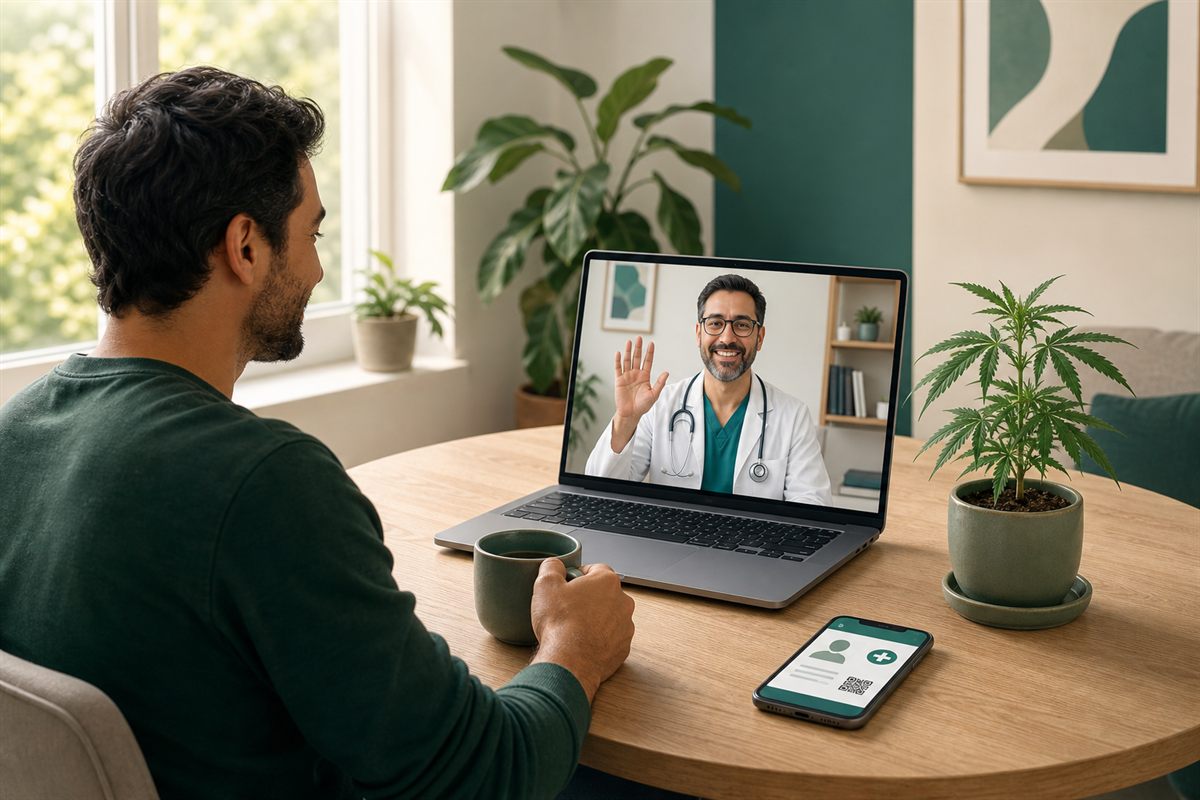 A patient at home having a video telehealth appointment with a licensed physician for a medical marijuana card evaluation, a smartphone showing a digital medical card on the table.