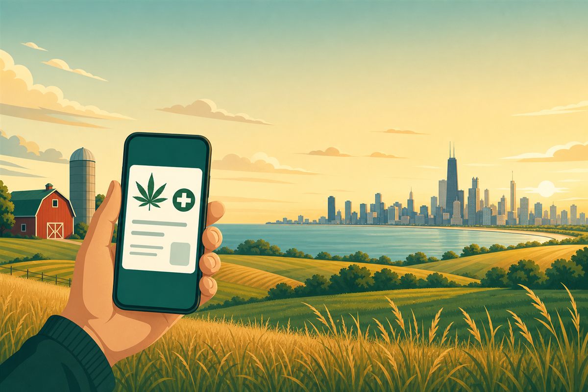 A hand holding a smartphone showing a digital Illinois medical cannabis card in front of the Chicago skyline on Lake Michigan, with prairie farmland and a red barn at golden hour.