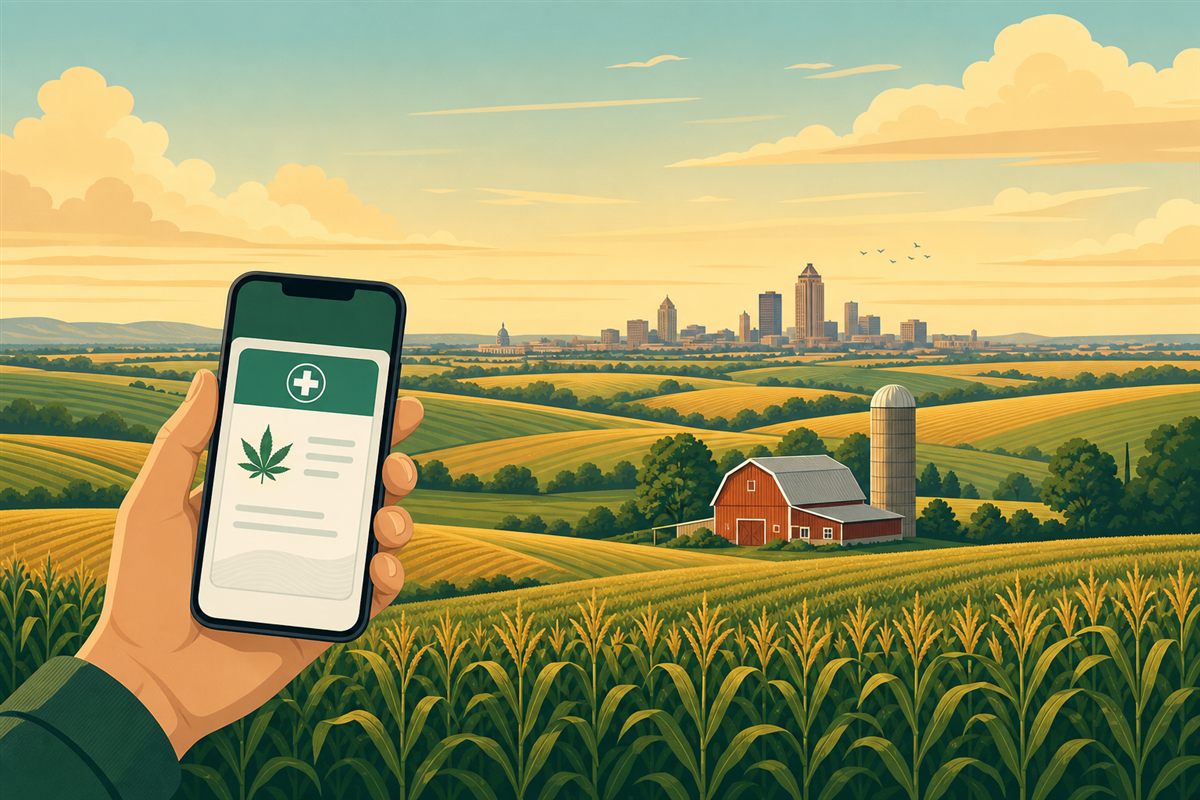 A hand holding a smartphone showing a digital Iowa medical cannabidiol card in front of Iowa cornfields, a red barn and grain silo, and a distant skyline at golden hour.
