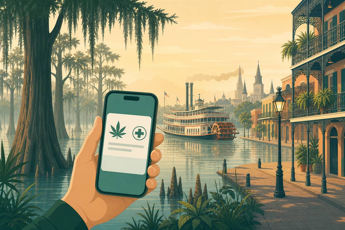 A hand holding a smartphone showing a digital Louisiana medical cannabis recommendation in front of a bayou with cypress trees and Spanish moss, a New Orleans street with wrought-iron balconies, and a paddlewheel riverboat at golden hour.