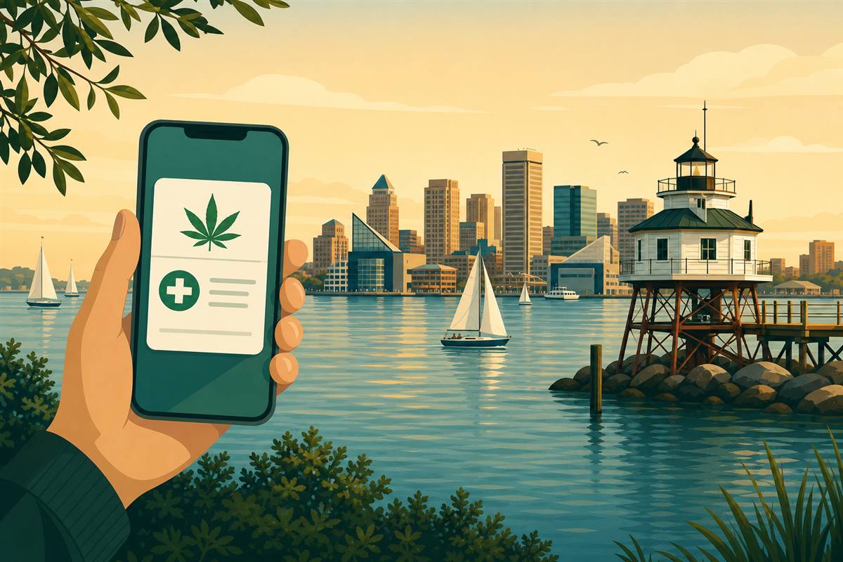 A hand holding a smartphone showing a digital Maryland medical cannabis card in front of the Chesapeake Bay with sailboats, a screwpile lighthouse, and the Baltimore Inner Harbor skyline at golden hour.