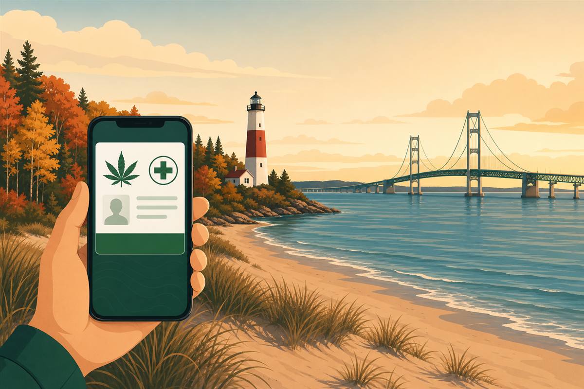 A hand holding a smartphone showing a digital Michigan medical cannabis card in front of a Great Lakes shoreline with a red-and-white lighthouse, autumn forest and dunes, and the Mackinac Bridge at golden hour.