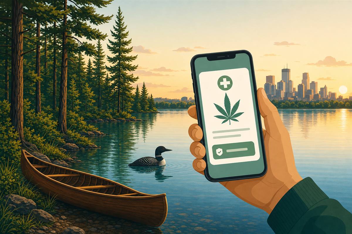 A hand holding a smartphone showing a digital Minnesota medical cannabis card in front of a northern pine-forest lake with a canoe and a loon, and the Minneapolis skyline at golden hour.