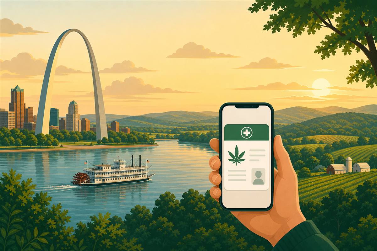A hand holding a smartphone showing a digital Missouri medical cannabis card during a video visit with a Missouri marijuana doctor, with the St. Louis Gateway Arch and Ozark hills behind.