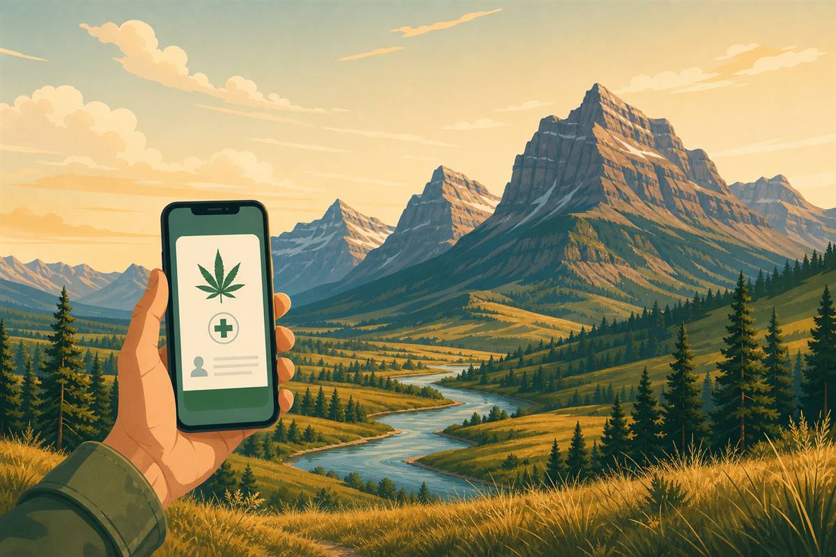 A hand holding a smartphone showing a digital Montana medical cannabis card during a video visit with a Montana marijuana doctor, with Rocky Mountain peaks behind.