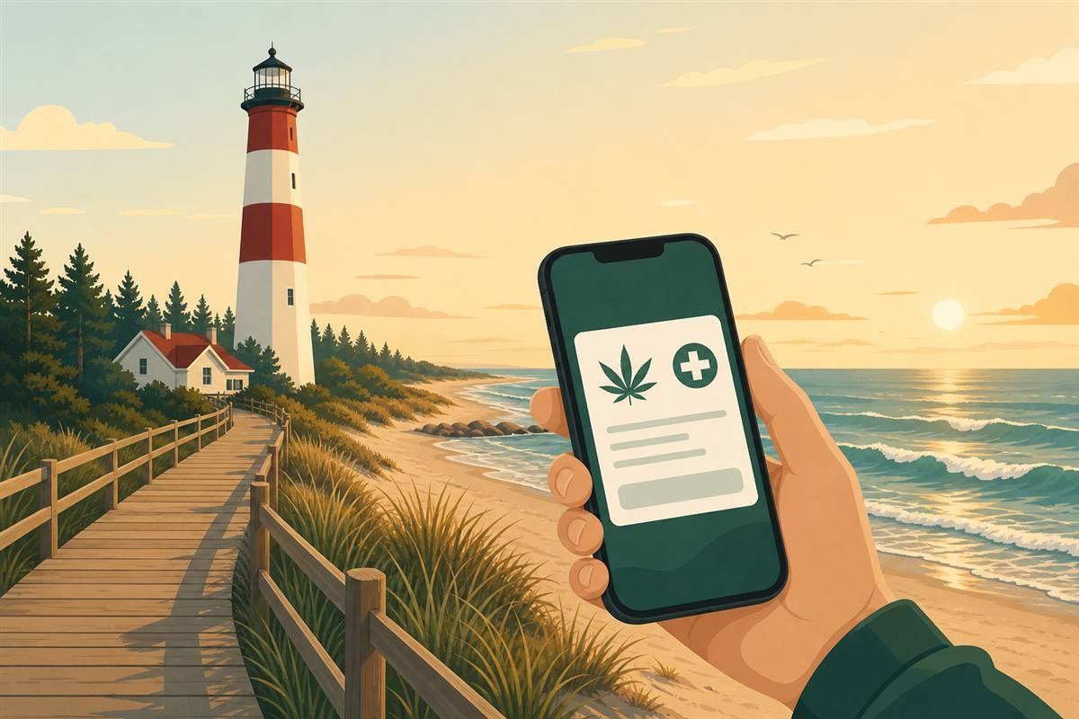 A hand holding a smartphone showing a digital New Jersey medical cannabis card during a video visit with a New Jersey marijuana doctor, with a Jersey Shore lighthouse behind.