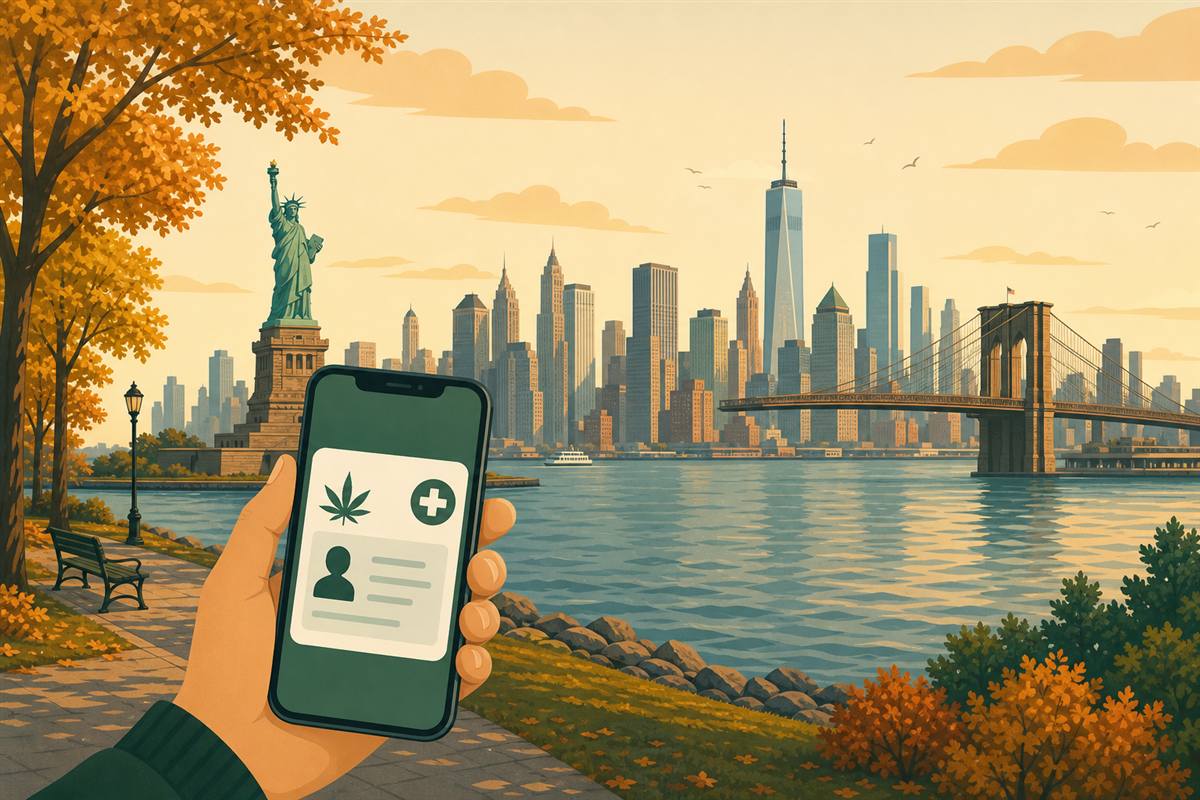 A hand holding a smartphone showing a digital New York medical cannabis certification during a video visit with a New York marijuana doctor, with the NYC skyline behind.