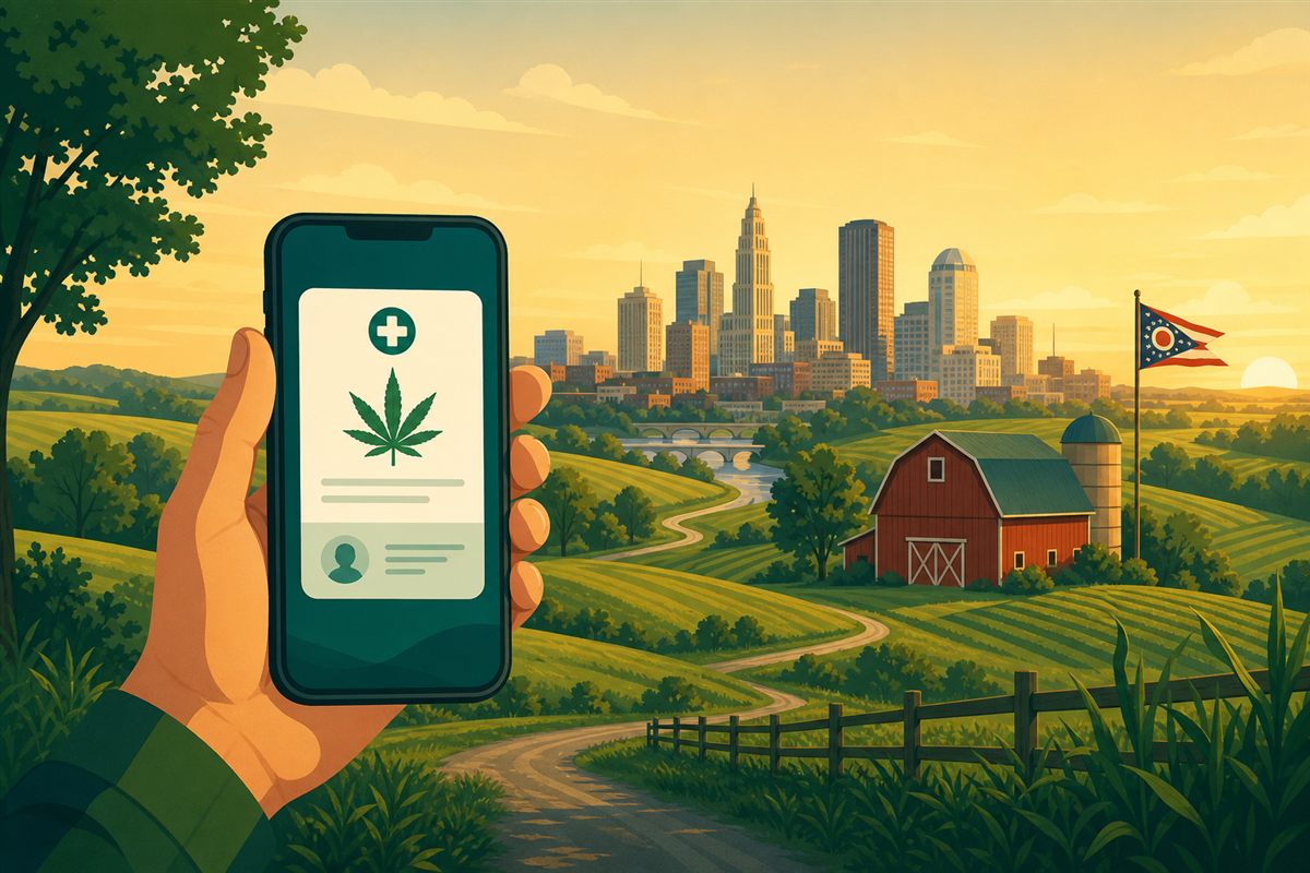 A hand holding a smartphone showing a digital Ohio medical marijuana card in front of Ohio farmland, a red barn, the Ohio flag, and a city skyline at golden hour.
