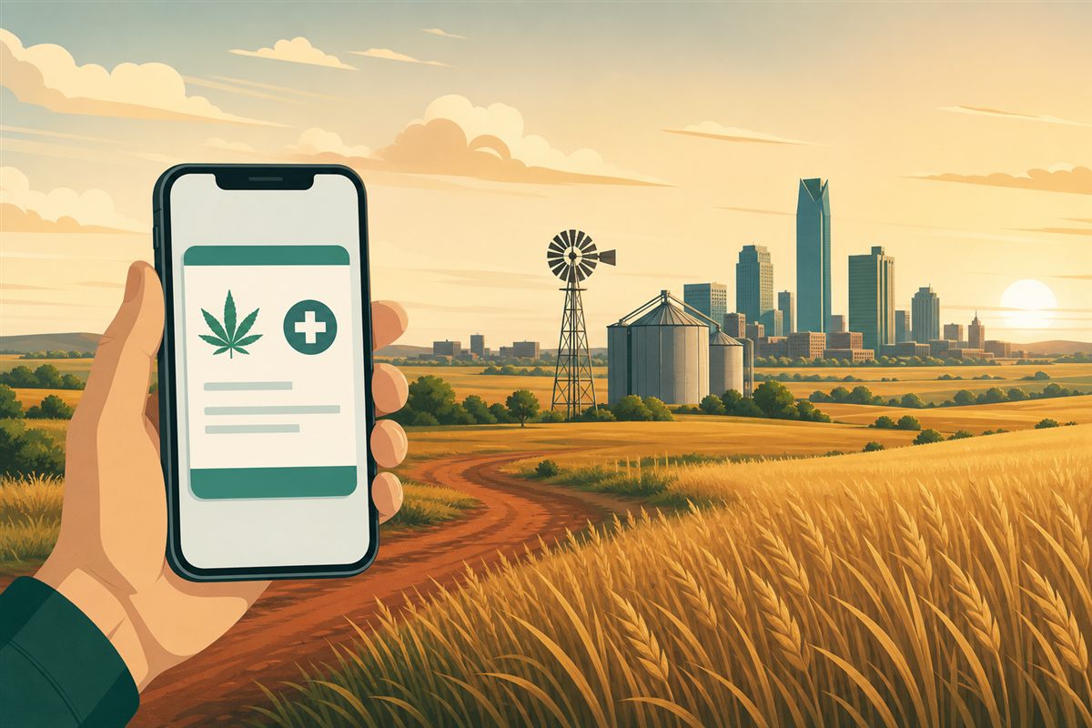 A hand holding a smartphone showing a digital Oklahoma medical marijuana card in front of Oklahoma wheat fields, a windmill, grain silos, and the Oklahoma City skyline at golden hour.