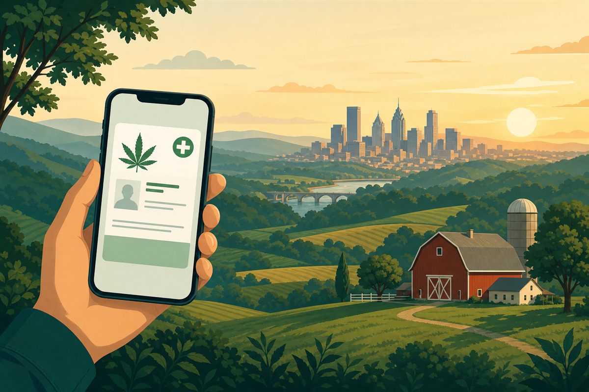 A hand holding a smartphone showing a digital Pennsylvania medical marijuana card in front of rolling Pennsylvania hills, a red barn, and a city skyline at golden hour.