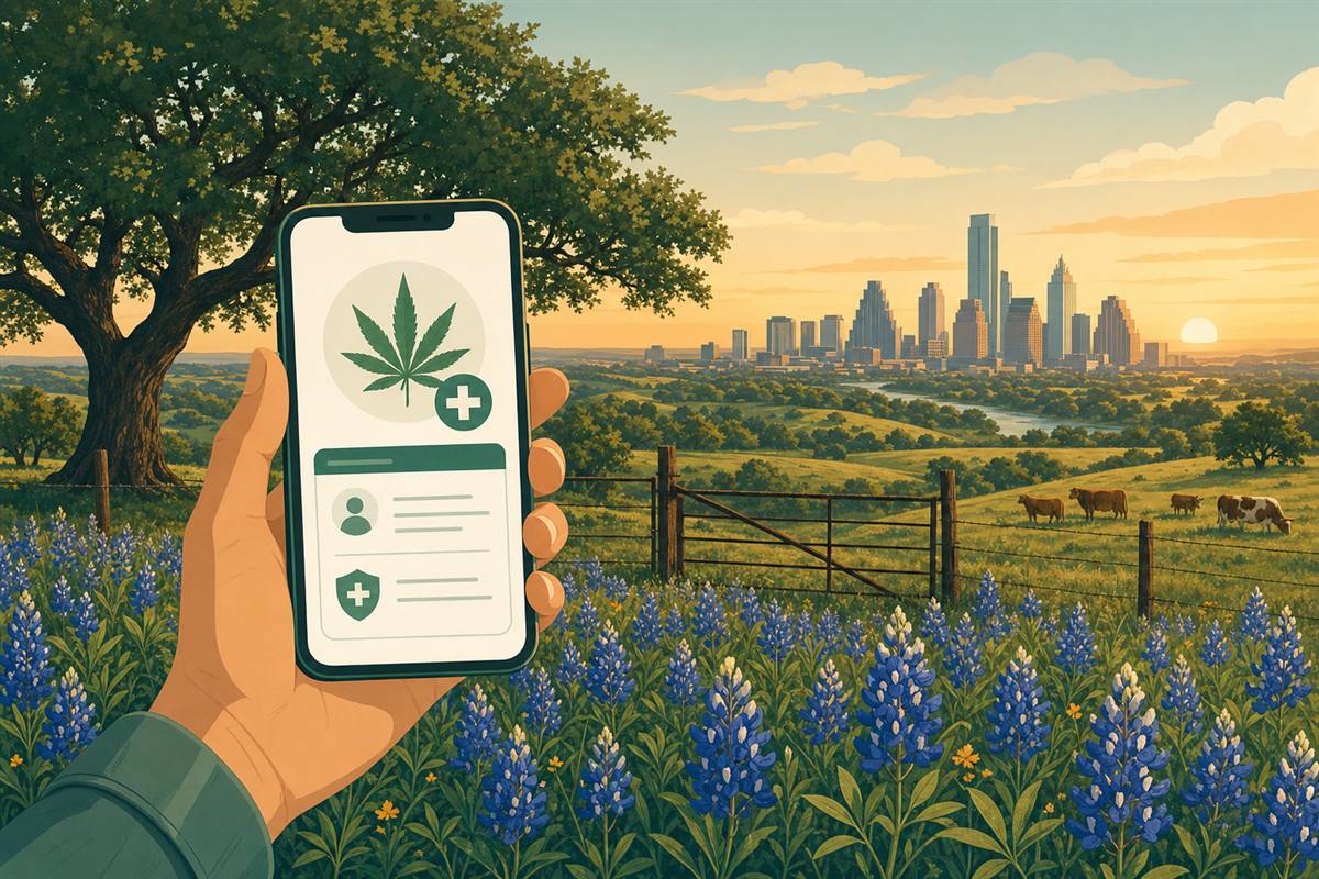 A hand holding a smartphone showing a digital Texas medical cannabis record in front of Texas Hill Country ranchland with bluebonnets and a distant city skyline at golden hour.