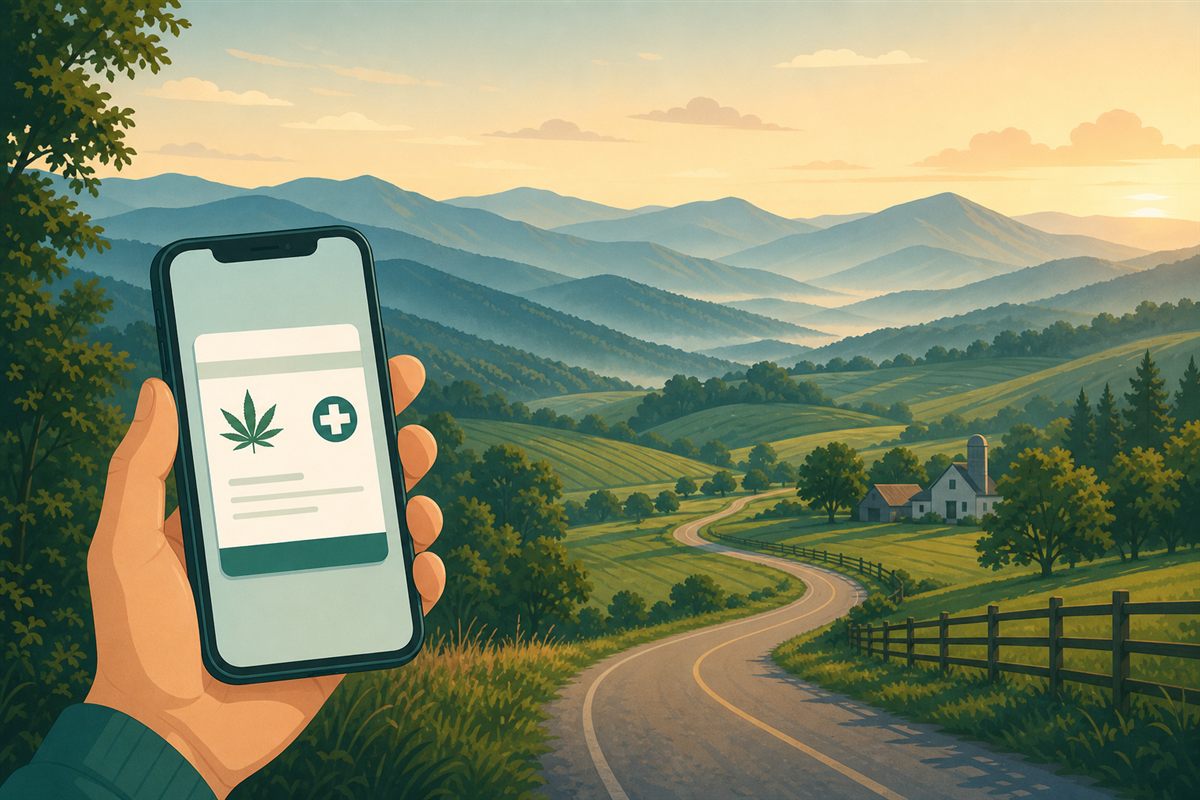 A hand holding a smartphone showing a digital Virginia medical cannabis certification in front of the Blue Ridge Mountains, Shenandoah Valley farmland, and a winding country road at golden hour.