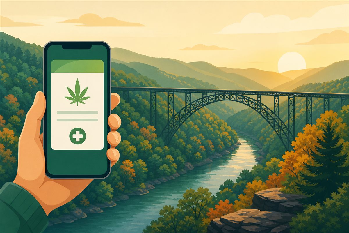 A hand holding a smartphone showing a digital West Virginia medical cannabis card in front of forested Appalachian mountains and the New River Gorge bridge at golden hour.